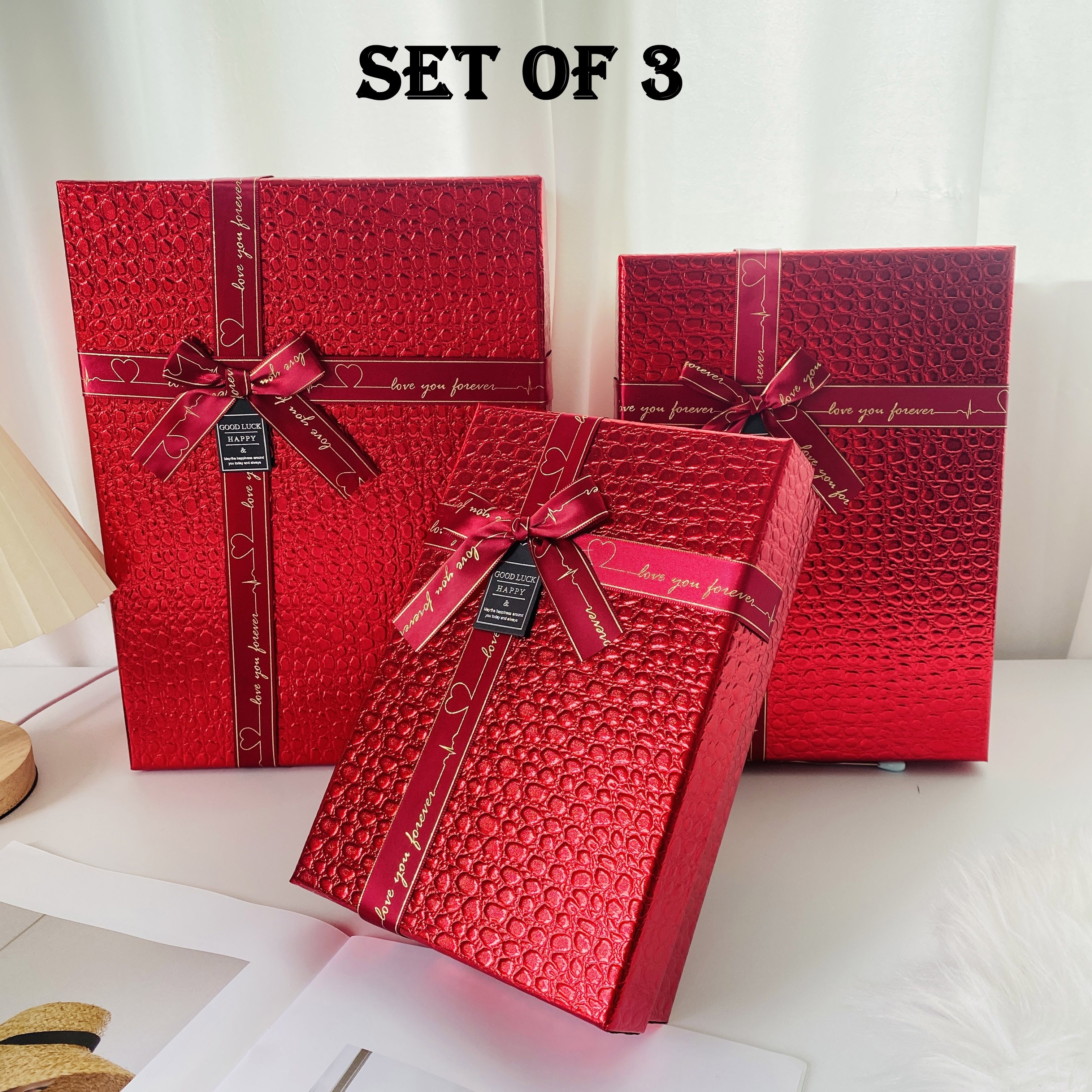 Set de 3 cajas de regalo cuadradas con lazo, 3 tamaños distintos
