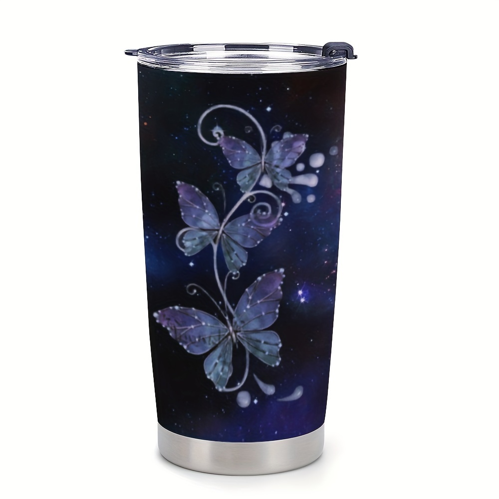 Purple Butterfly Tumbler Cup With Lid Stainless Steel Double - Temu