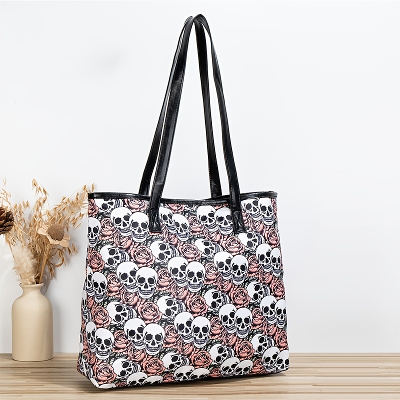 Skull & Rose Pattern Tote Bag, Classic Halloween Shoulder Bag, All-Match Handbag With Fixed Straps