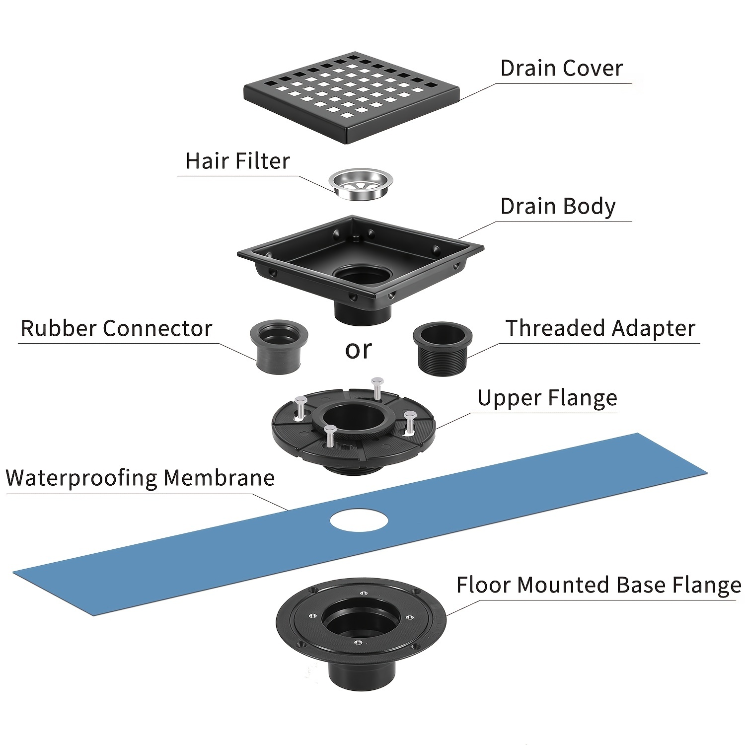 Square Shower Floor Drain, Shower Drain Kit with Flange, Removable Grid  Cover, Filter