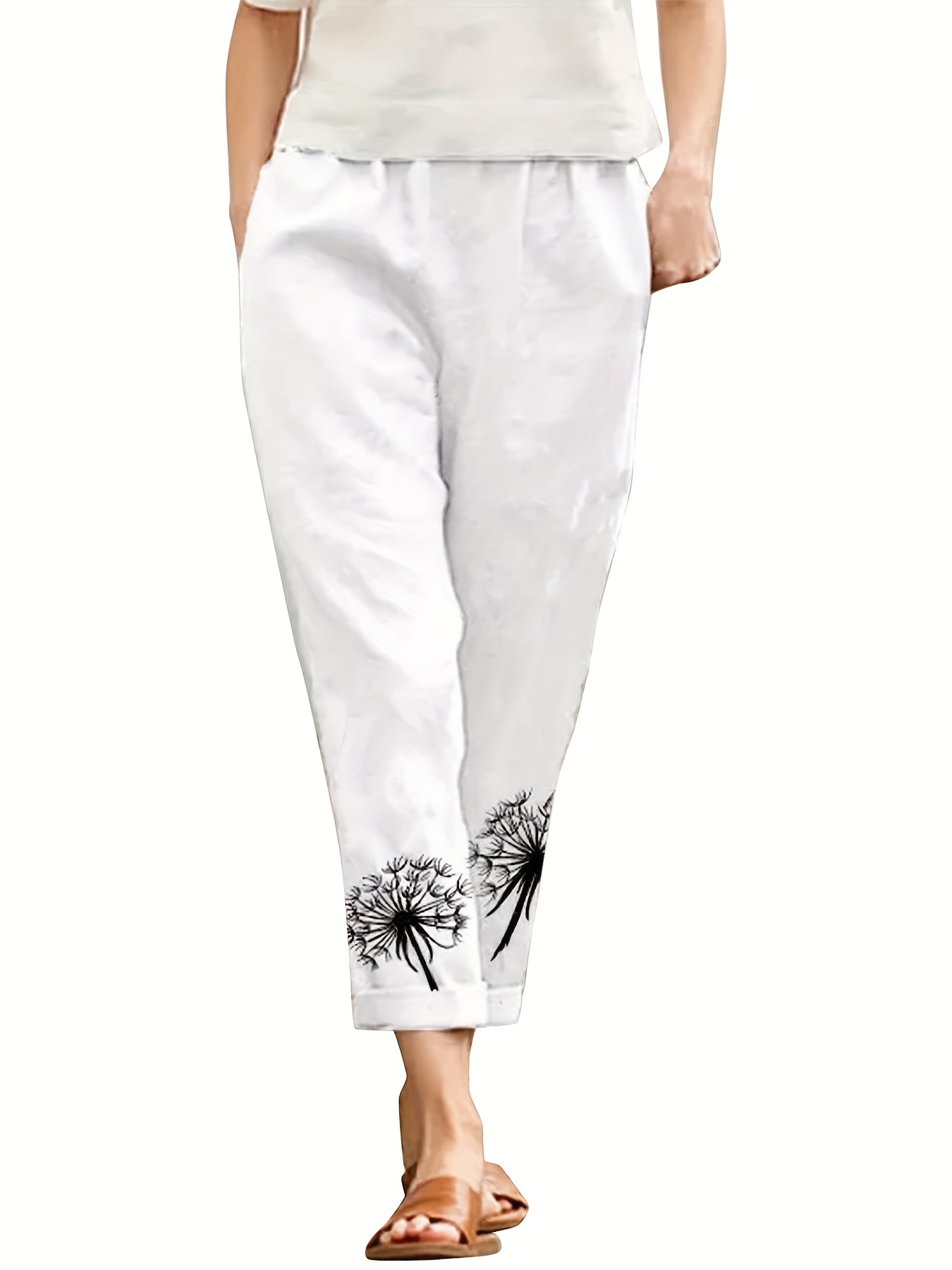 Dandelion Print Capri Pants Casual Drawstring Pants Spring - Temu