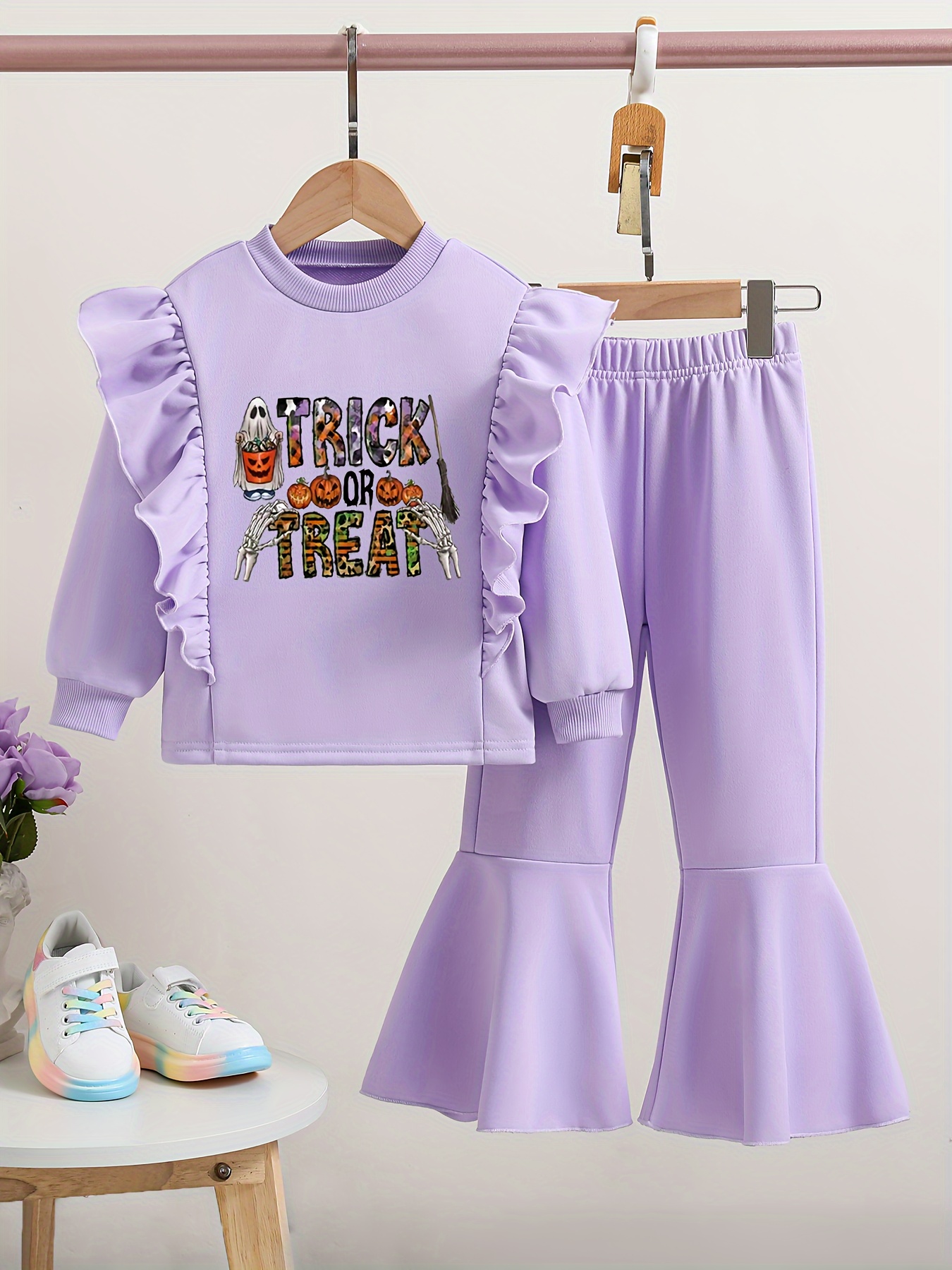 Toddler Girl Valentine's Day Outfit Set - XOXO Print Ruffle Sleeve Sweatshirt & Flare Pants