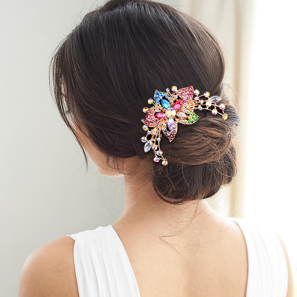 

Sparkling Colorful Rhinestone Flower Decorative Hair Clip Non Slip Ponytail Holder Trendy Hair Decoration For Women And Daily Use