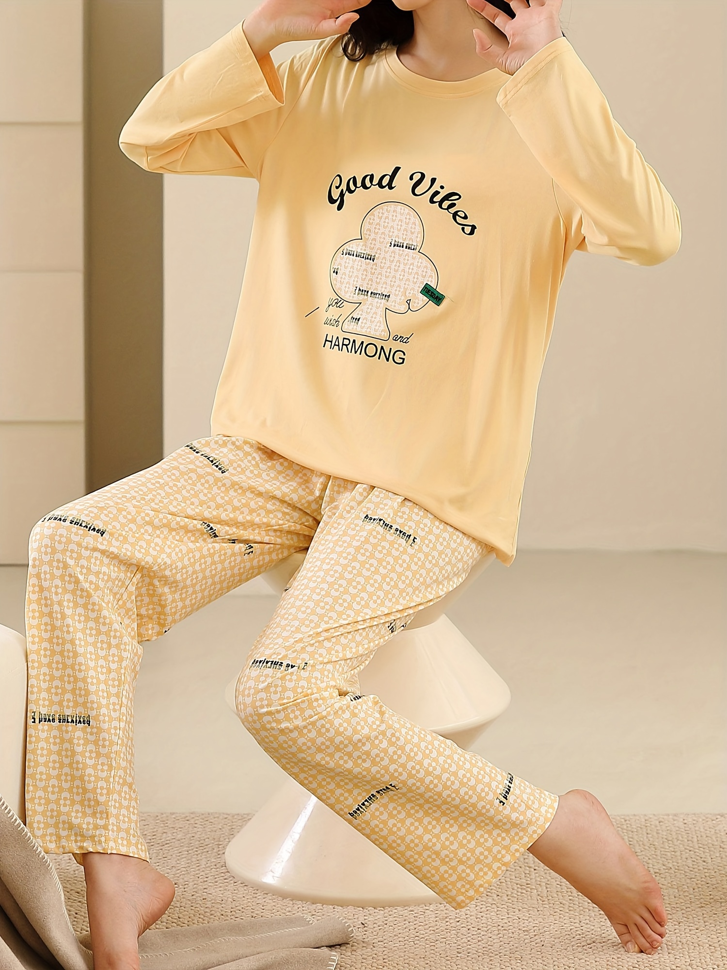 Letter Print Pajama Set, Comfy Short Sleeve Top & Cozy Long Pants, Women's  Loungewear & Sleepwear