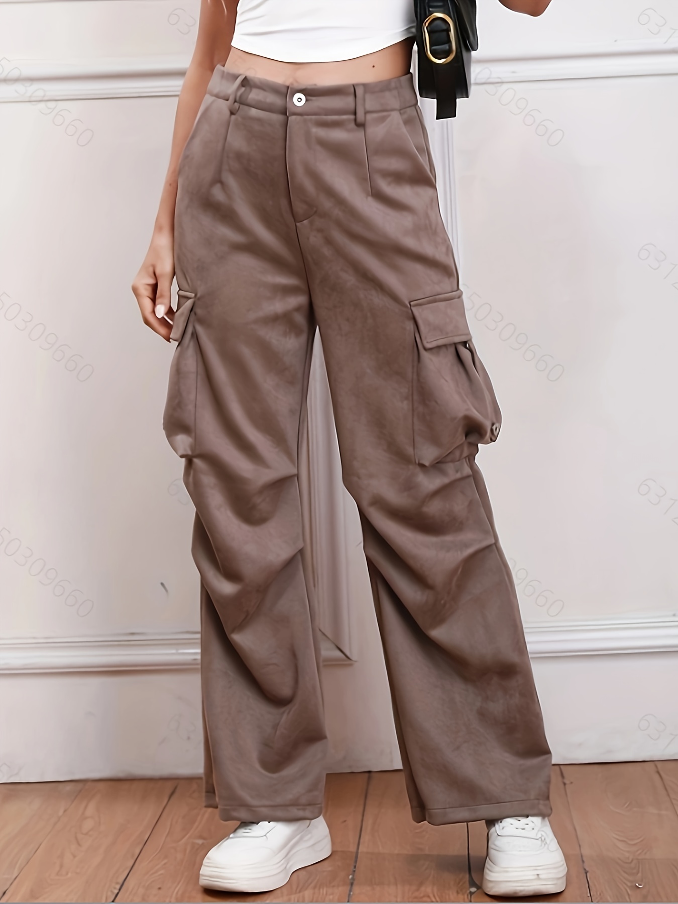 Brown Loose Flap Pockets Cargo Pants High Wide Legs - Temu Portugal