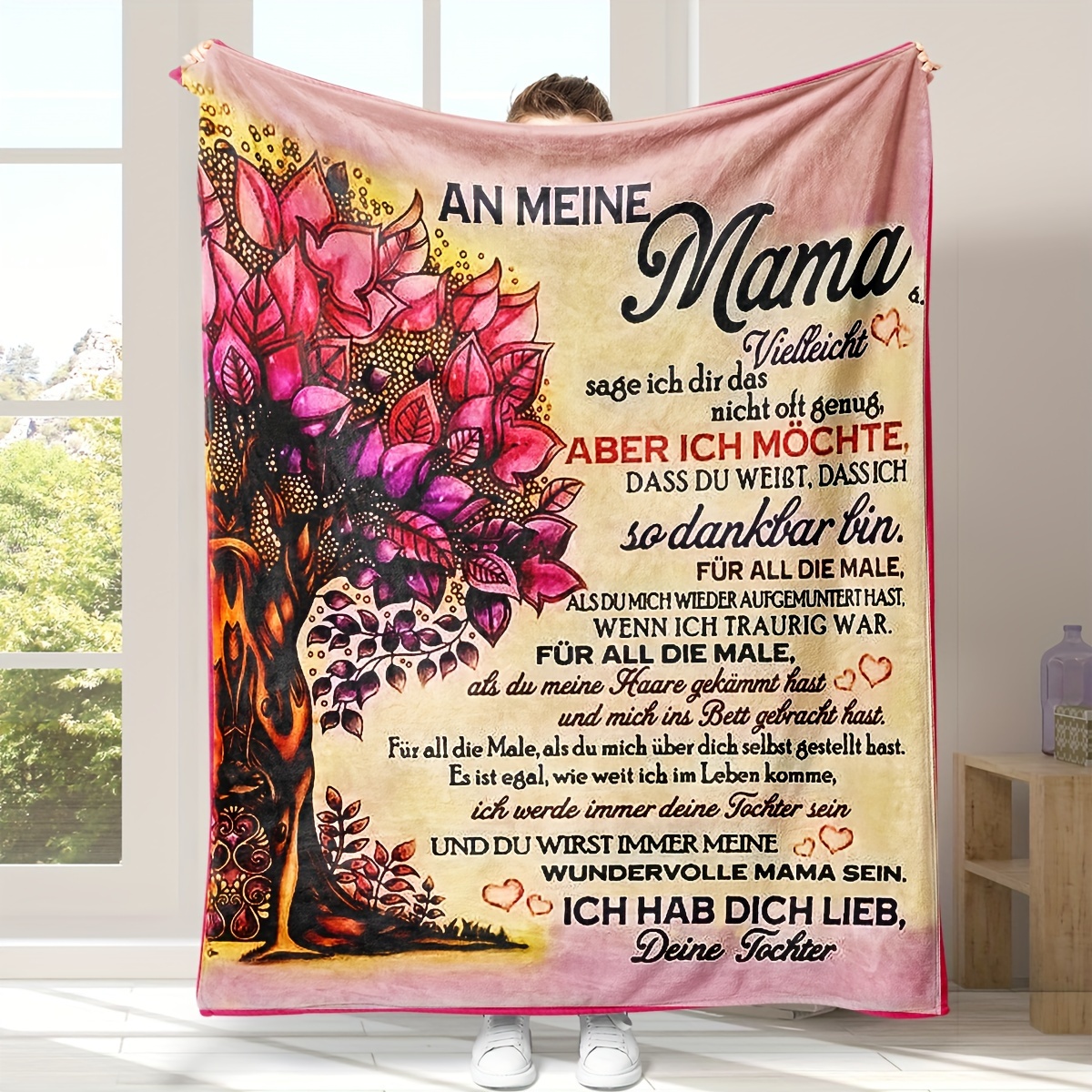 

1pc Flannel Tree Printed German Letter Blanket To My Mom From Daughter Shawl Nap Blanket Soft Skin-friendly Leisure Sofa Blanket, Throw Blanket, Nap Blanket, Multi-purpose Blanket