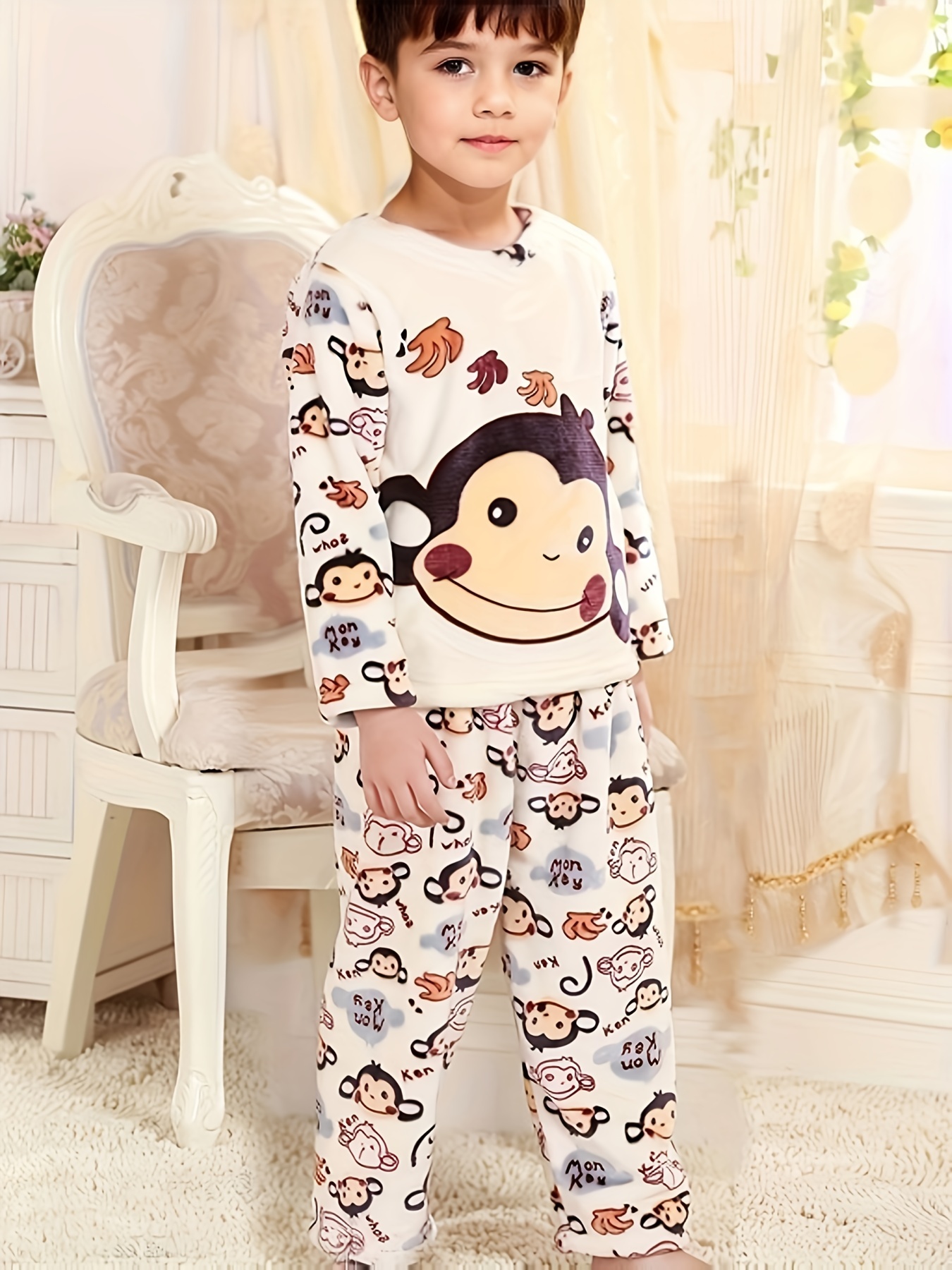 Kid's Flannel Pajamas Long Sleeve Top Pants Set Monkey - Temu Israel