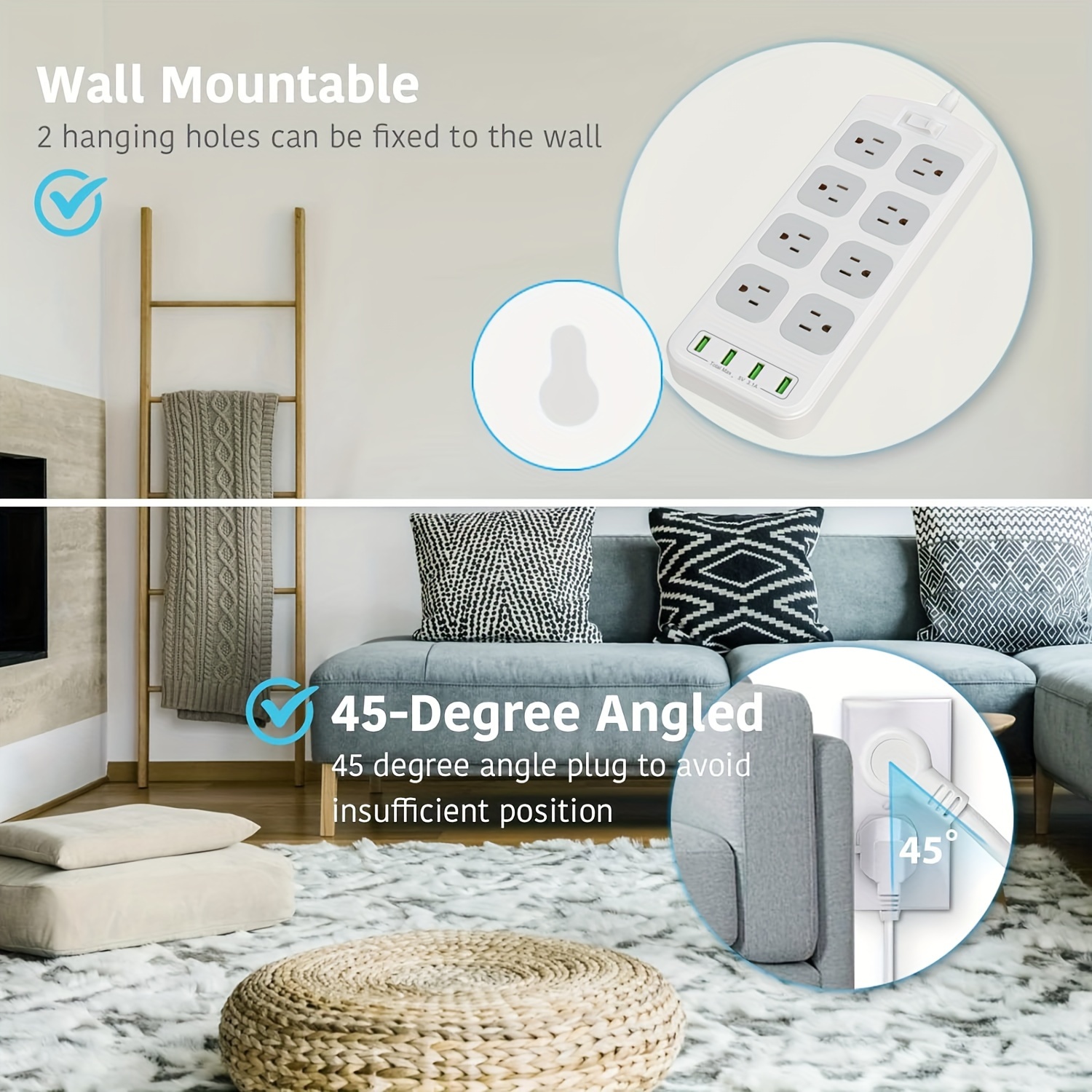 Power Strip with 6 AC Outlet, 3 Foot Cord and 45-Degree Angle Flat