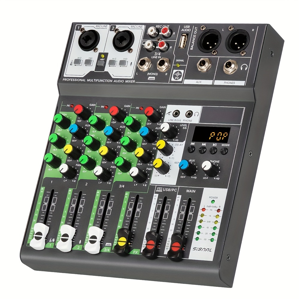  Mezclador de audio de 6 canales con 99 efectos de sonido para  PC, consola de mezcla de sonido portátil con entrada de grabación USB  Bluetooth para transmisión en vivo, podcasting, show