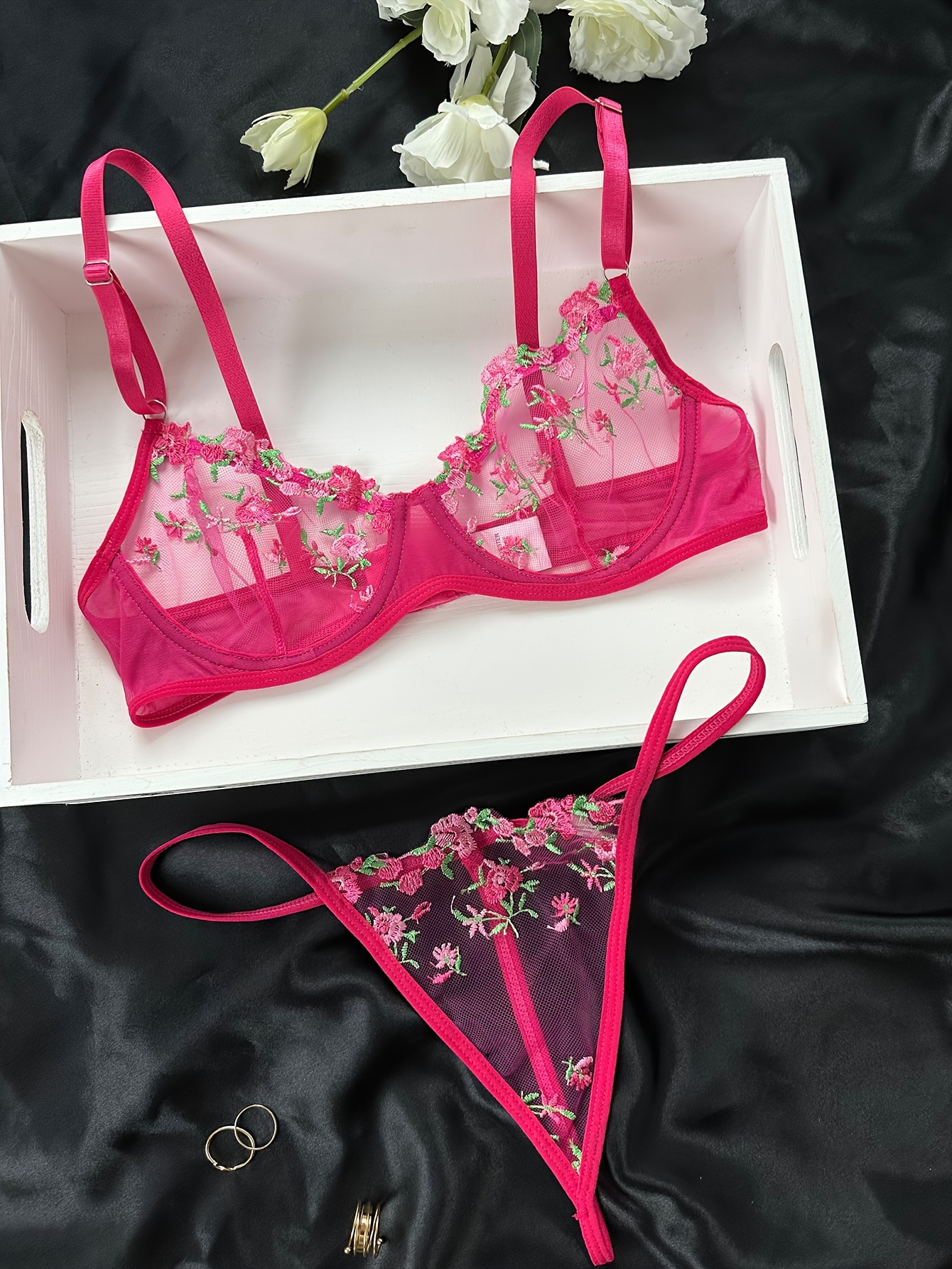 Floral Embroidery Lingerie Set Sheer Unlined Bra Mesh Thong - Temu