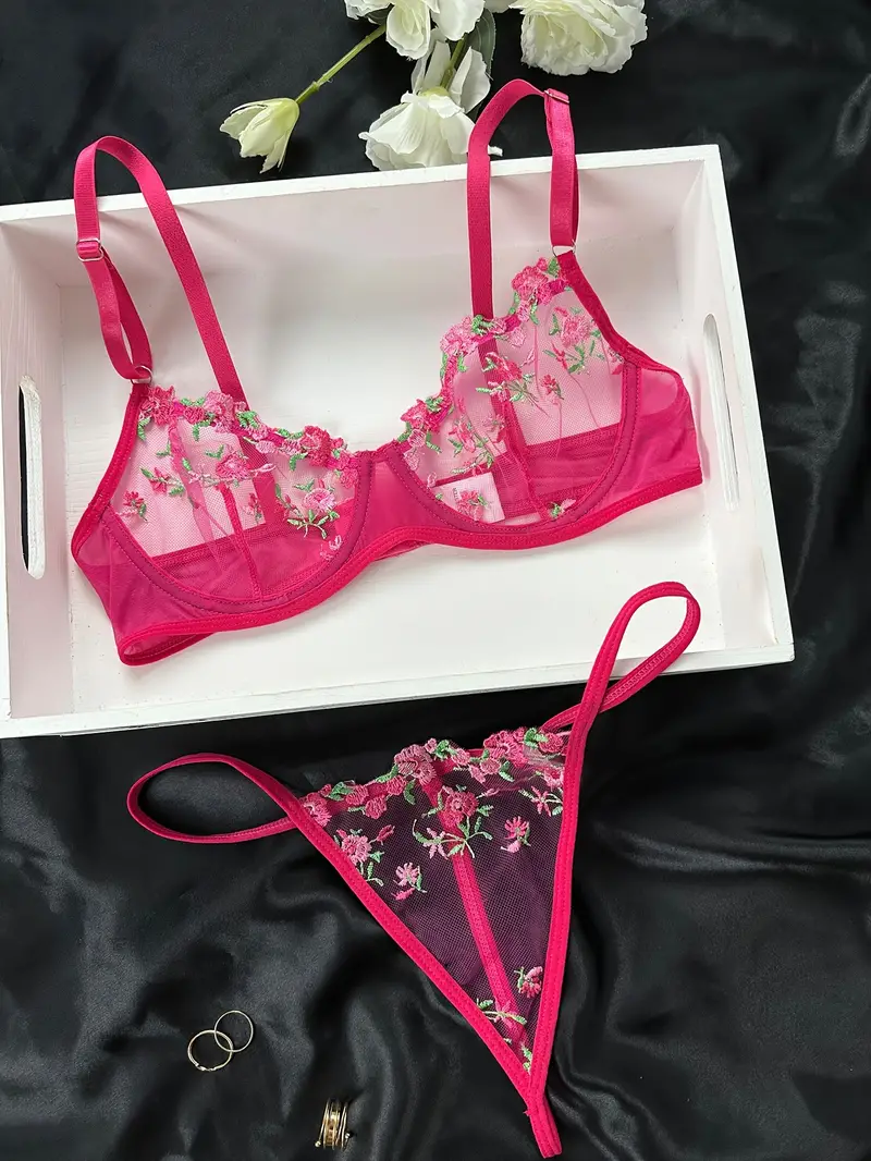 floral embroidery lingerie set sheer unlined bra mesh thong womens sexy lingerie underwear details 11