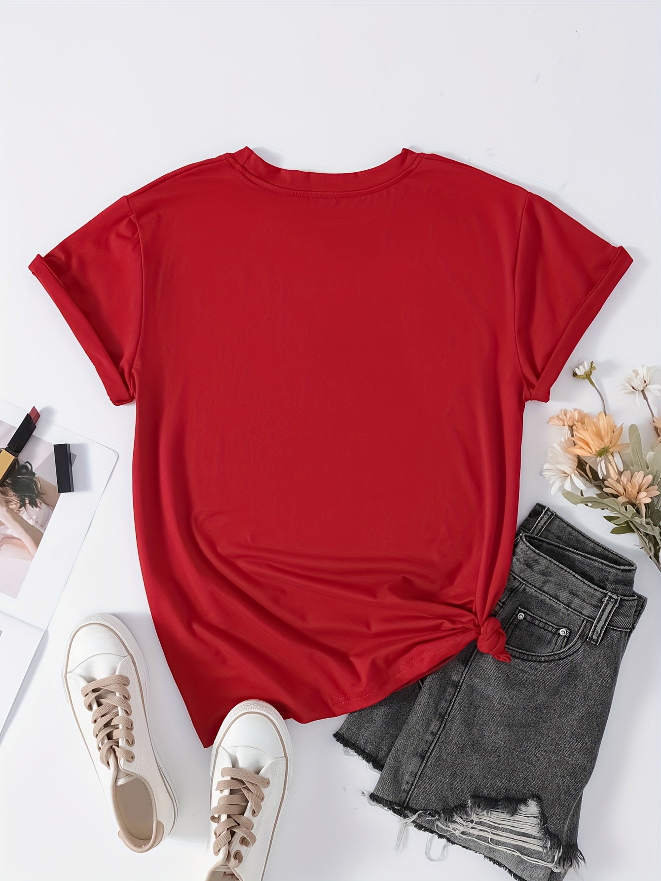 Women's Plus Size V-Neck Short Sleeve T-Shirt - Soft Breathable Casual Top, Relaxed Fit Solid Color, Machine Washable All-Season Versatile Tee, Ladies T Shirts, Everyday Comfort Apparel, Vneck Tee, Comfortable Fabric, Durable Casualwear