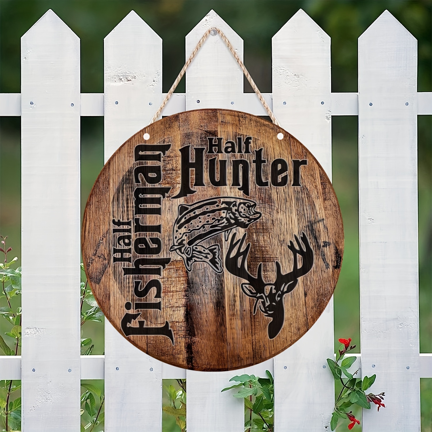 1pc, Half Fisherman Hunter Fishing Hunting Deer Fish Bar Wood Sign, Home  Bar, Bar, Garage, Hotel, Garden, Wooden Sign8X8inch, Room Decoration *