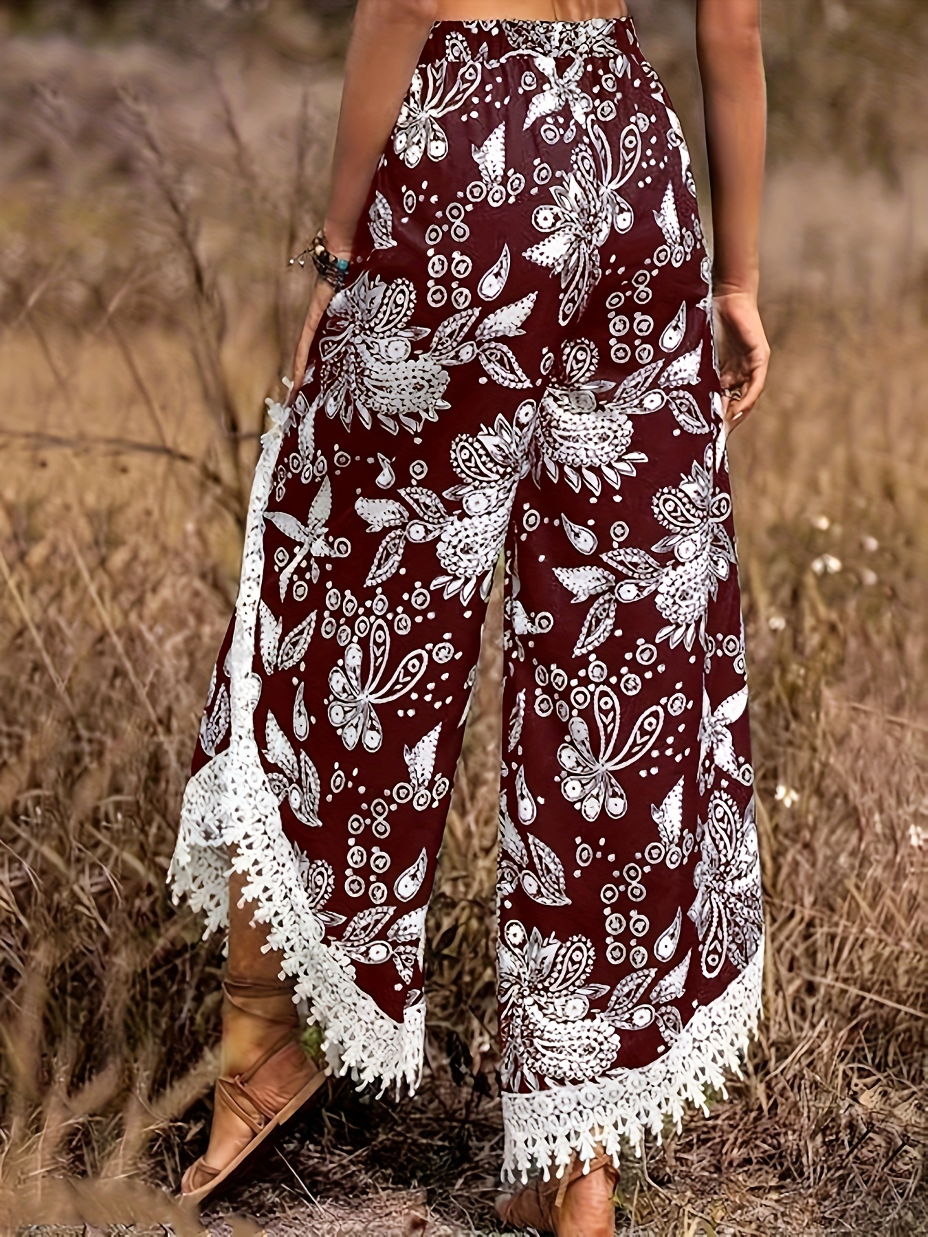 Patterned Slit Flowy Women's Baggy Trousers | Wholesale Boho Clothing