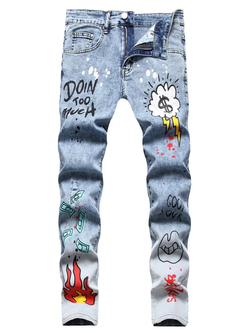 Letter Print Graphic Pattern Slim Fit Jeans, Men's Casual Street Style *  Stretch Denim Jeans For Spring Summer