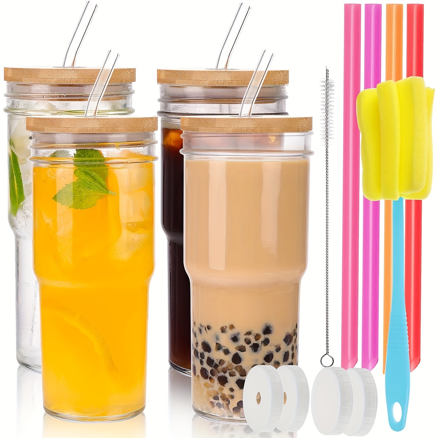Drinking Glasses With Lids And Straws, Drinking Cup, Reusable Boba Bottle  Great For Giant Smoothie, Bubble Tea, Cold Brew, Soda, Juice - Temu