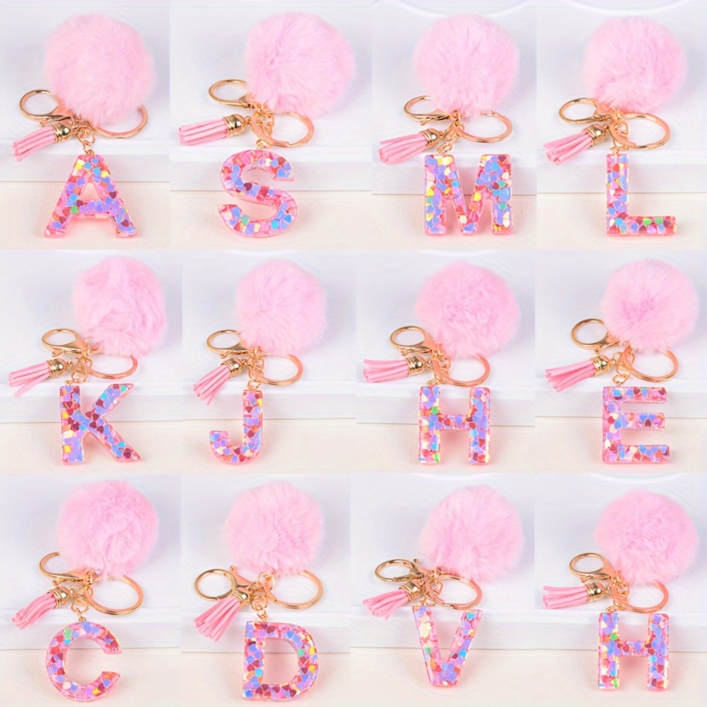 

1pc Alphabet Initial Letter Keychain Cute Soft Pom Pom Resin Key Chain Ring Bag Backpack Charm Car Hanging Pendant Women Daily Use Gift
