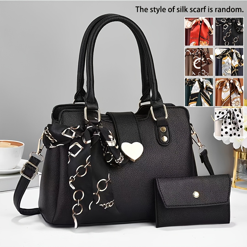 2pcs/set Fashionable Tote Bag With Silk Scarf Decoration And