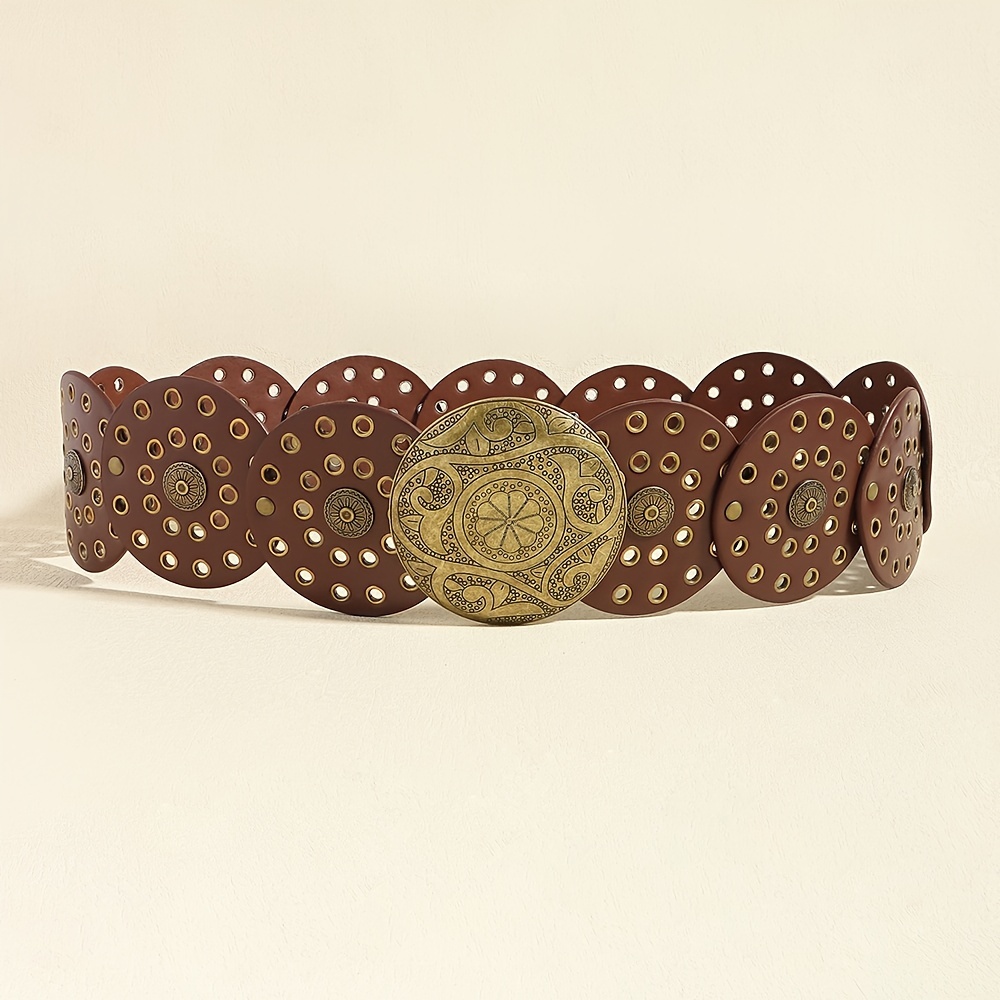 Western Cowboy Wide Belt Golden Rivet Steampunk Circles Pu - Temu