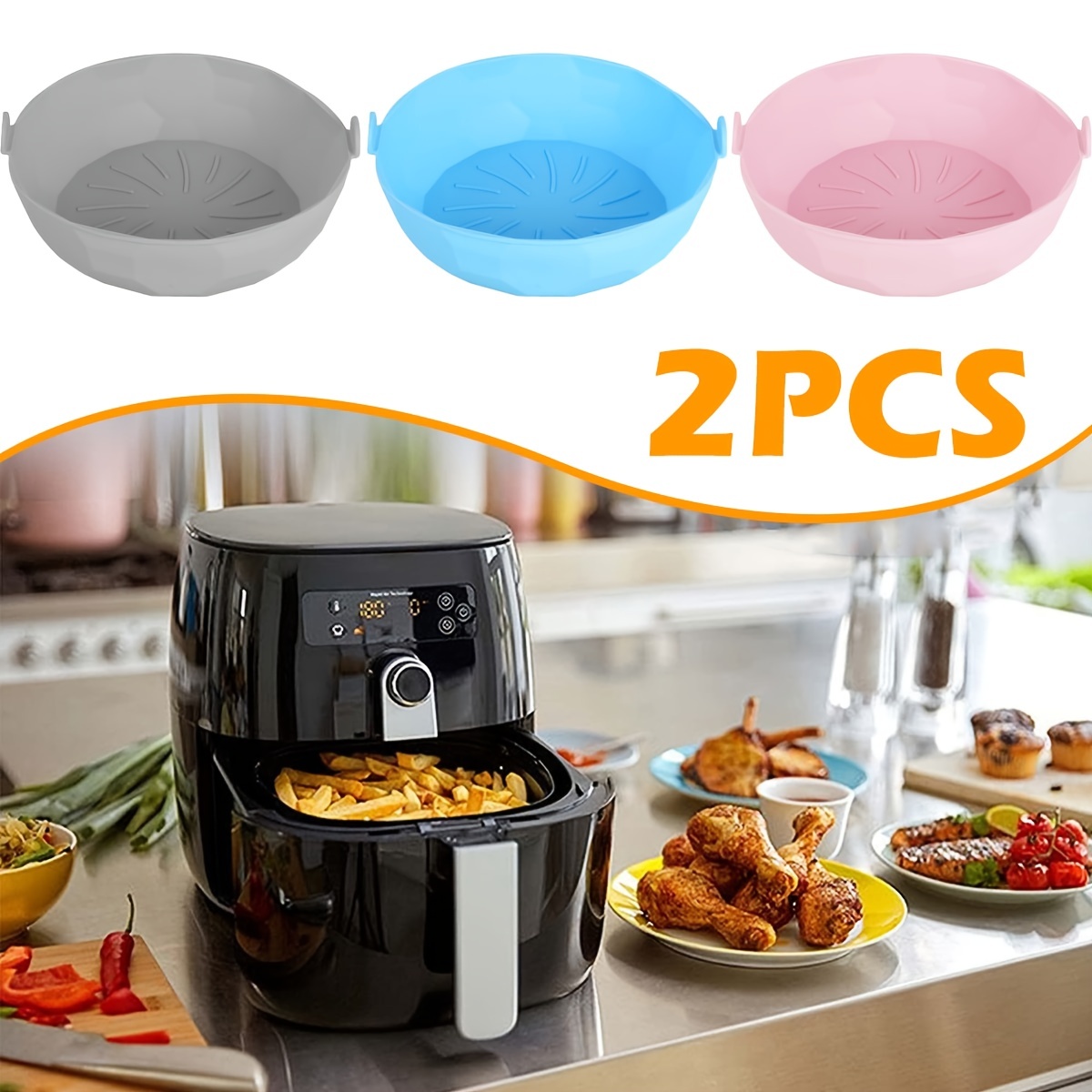 2pcs Air Fryer Pot En Silicone Avec Poignée Réutilisable Air Fryer Liner  Résistant À La Chaleur