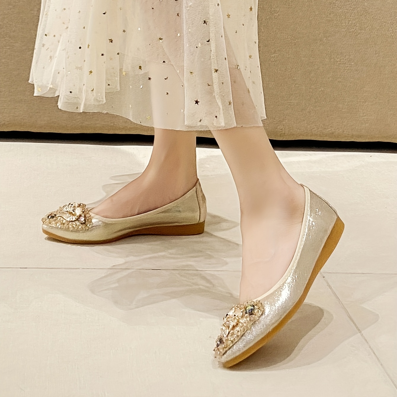 Gold rhinestone sale flats