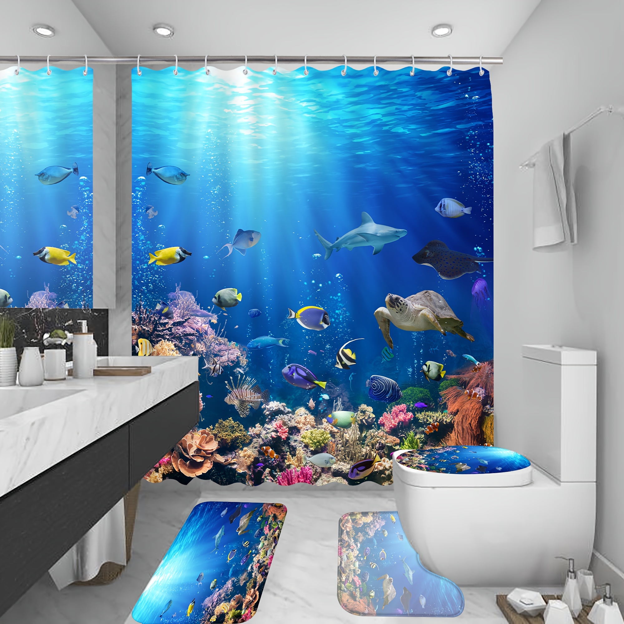 Sea World Pattern Shower Curtain Set Modern Decorative - Temu New
