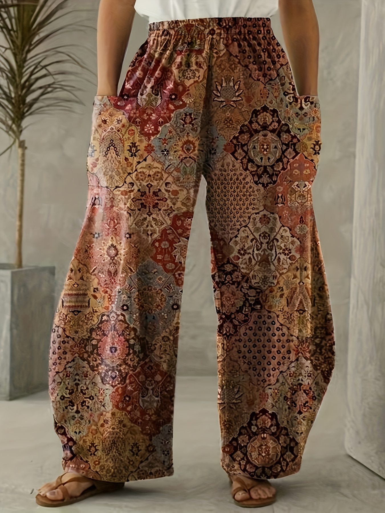 Plus Size Boho Pants, Women's Plus * Print Elastic High * Wide Leg Trousers  With Side Pockets