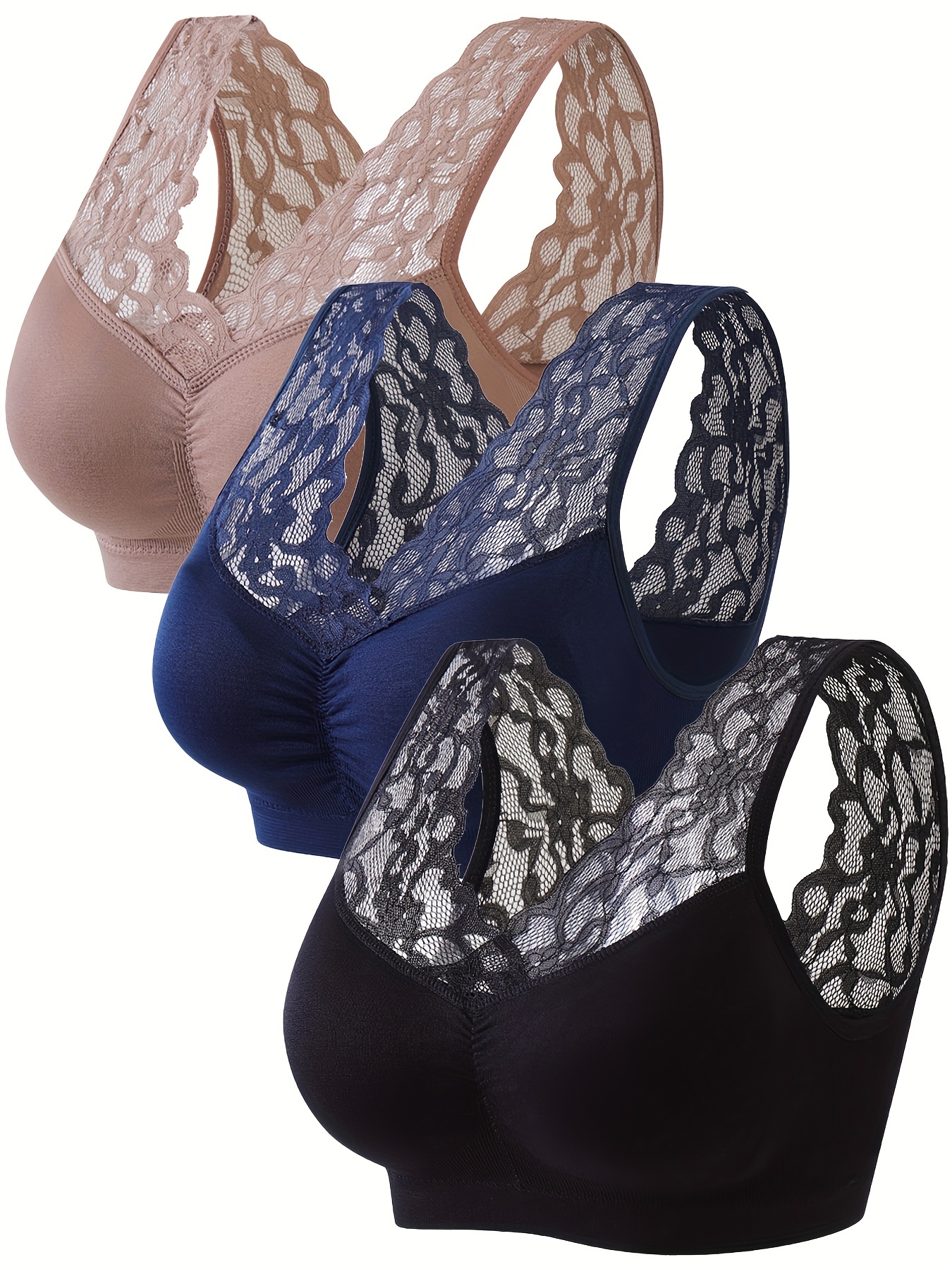3 Pack Plus Size Elegant Bras Set, Women's Plus Floral Lace Full Cover Wide  Straps Underwire Bras 3pcs Set