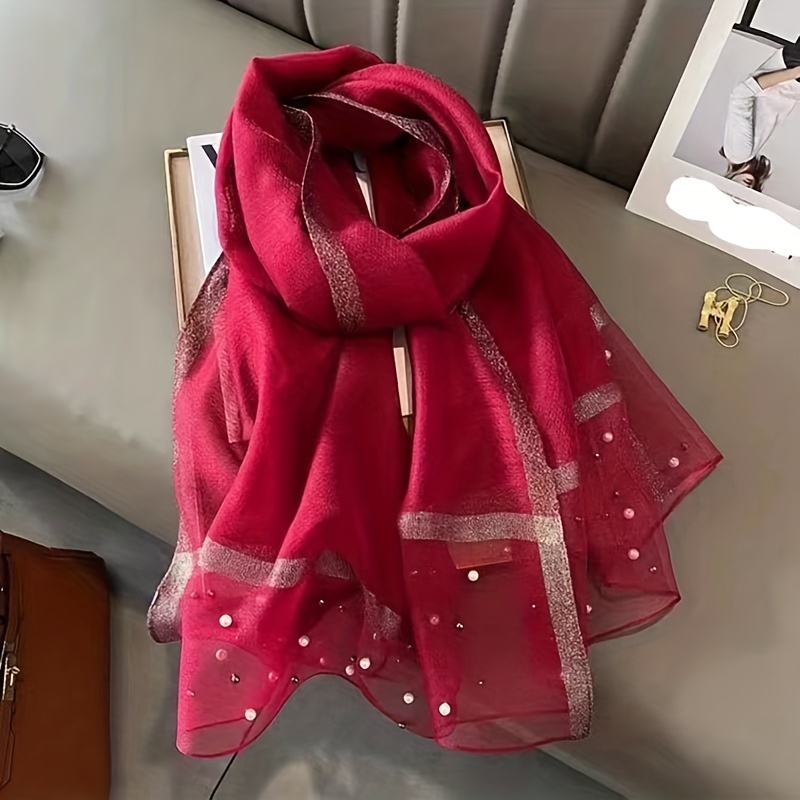 Faux Pearl Decor Scarf Casual Silk & Chiffon Shawl Scarf Wrap