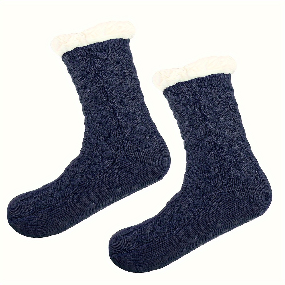 Women's Slipper Socks with Grips Non Slip Soft Cozy Fuzzy Fleece Lined  Cable Knit Socks for Cold Winter 