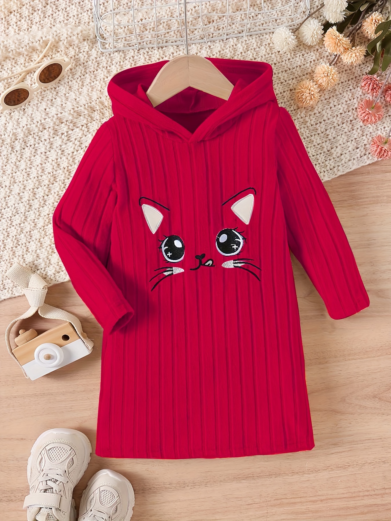 Toddler Girls Kitty Graphic Ribbed Knit Hooded Dress Kids Clothes For Autumn