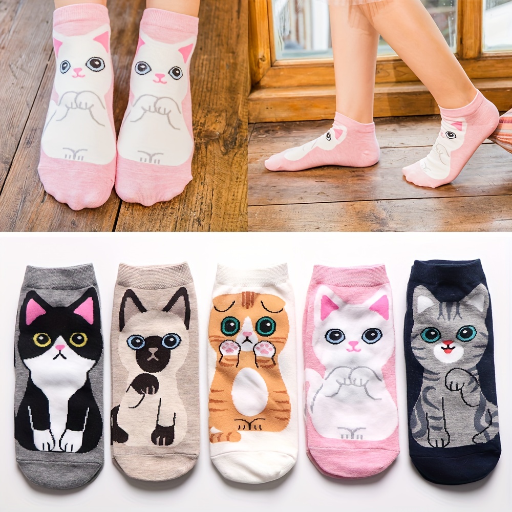 

5 Pairs Girls Teenagers Cotton Blend Cute Cartoon Cat Ankle Socks For Spring And Summer