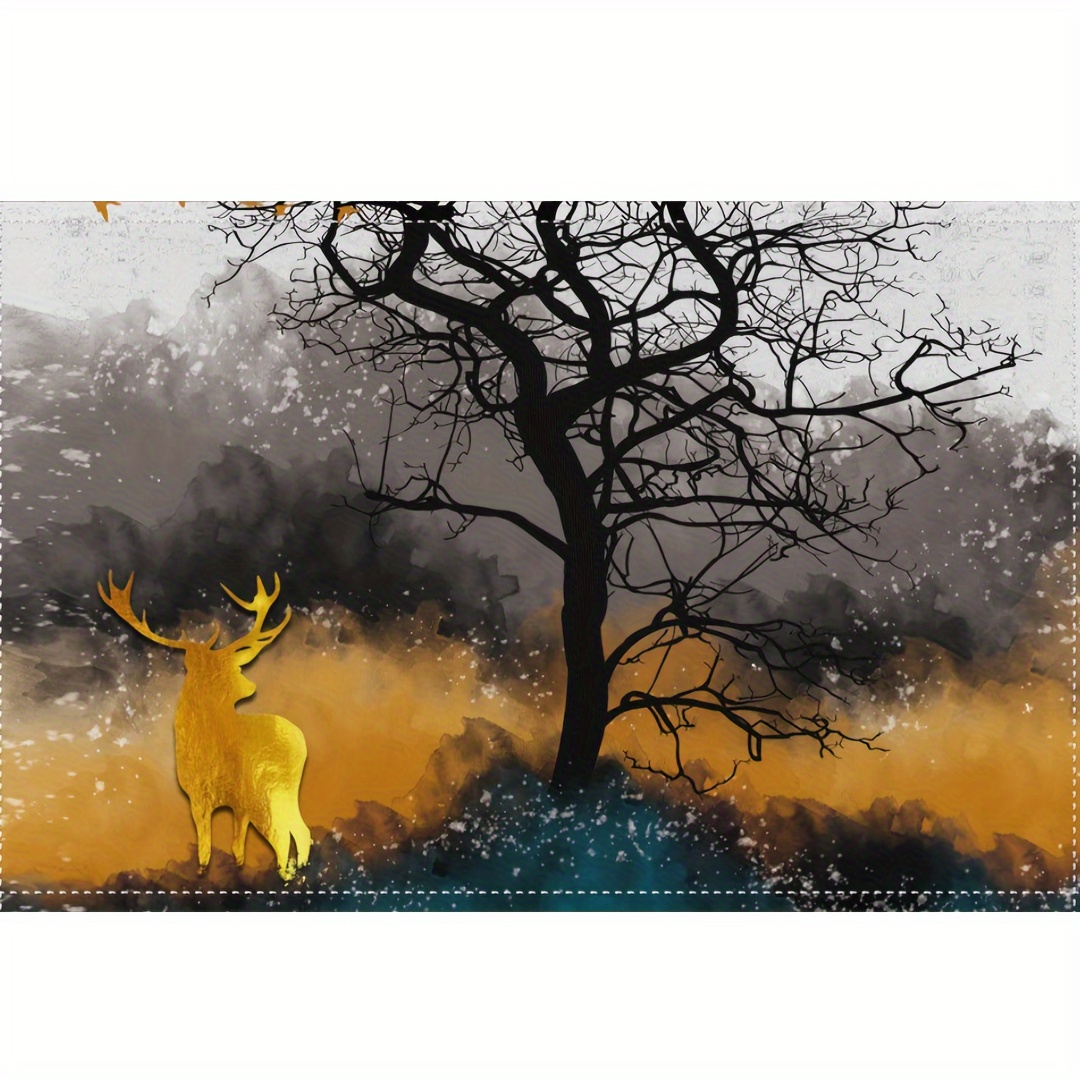 Christmas Placemats Linen Golden Deer Magical Forest - Temu