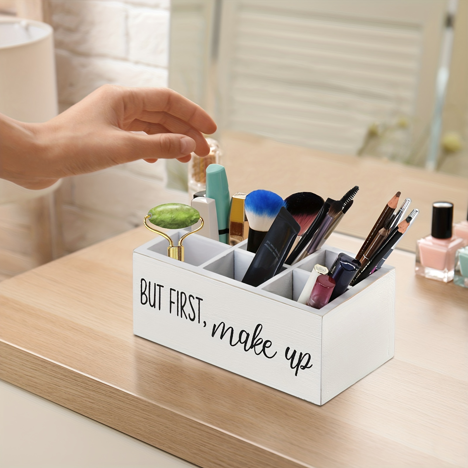 Makeup Organizer Wooden Large White Make up Cosmetic Organizer Vanity  Makeup Storage Wood Perfume Organizer Brush Lipstick Holder Jewelry 