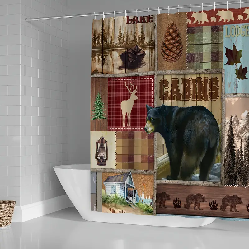 Rustic Bear Cabin Pattern Shower Curtain Set Waterproof Bath Temu