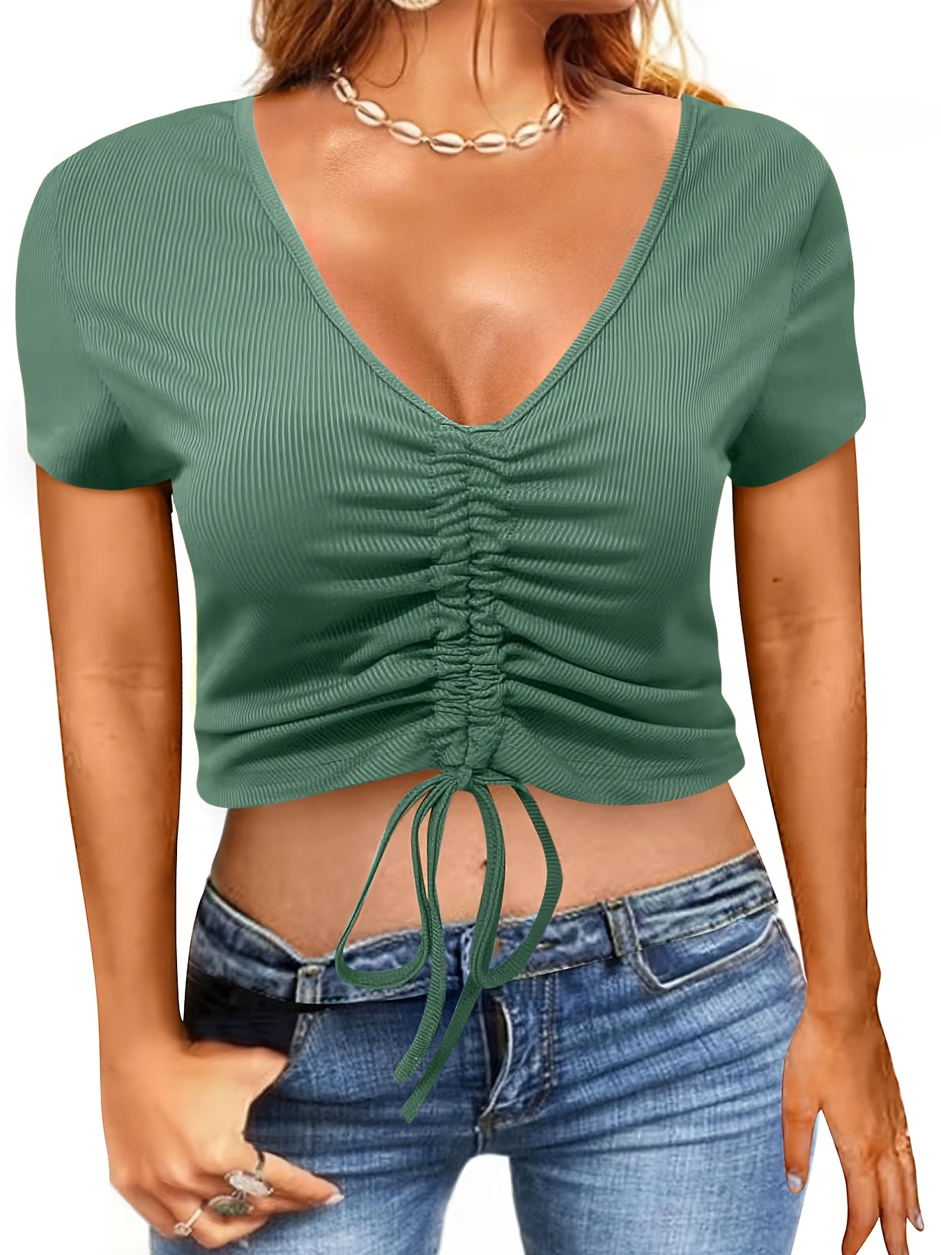 Drawstring Skinny Crop Top Stretchy Short Sleeve V Neck - Temu Canada