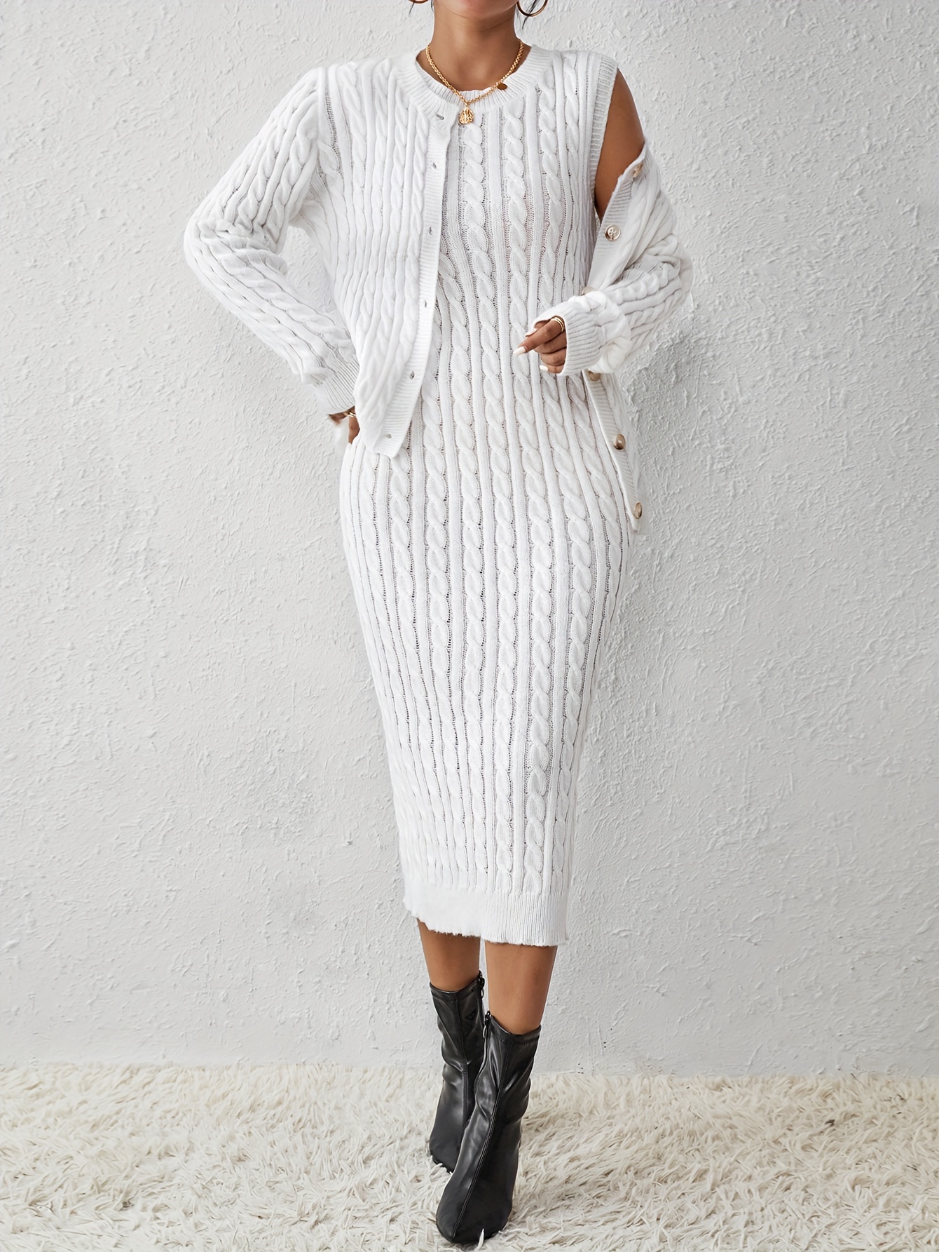 Cable Knit Solid Two piece Set Button Front Long Sleeve Tops - Temu