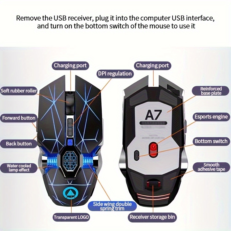 YINDIAO Wireless Mouse Rechargeable Luminous Colorful Silent Office Laptop  Desktop Computer Universal