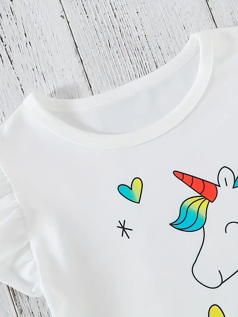 Girls Ruffle Trim Cute Cartoon Unicorn Graphic T shirt Top - Temu