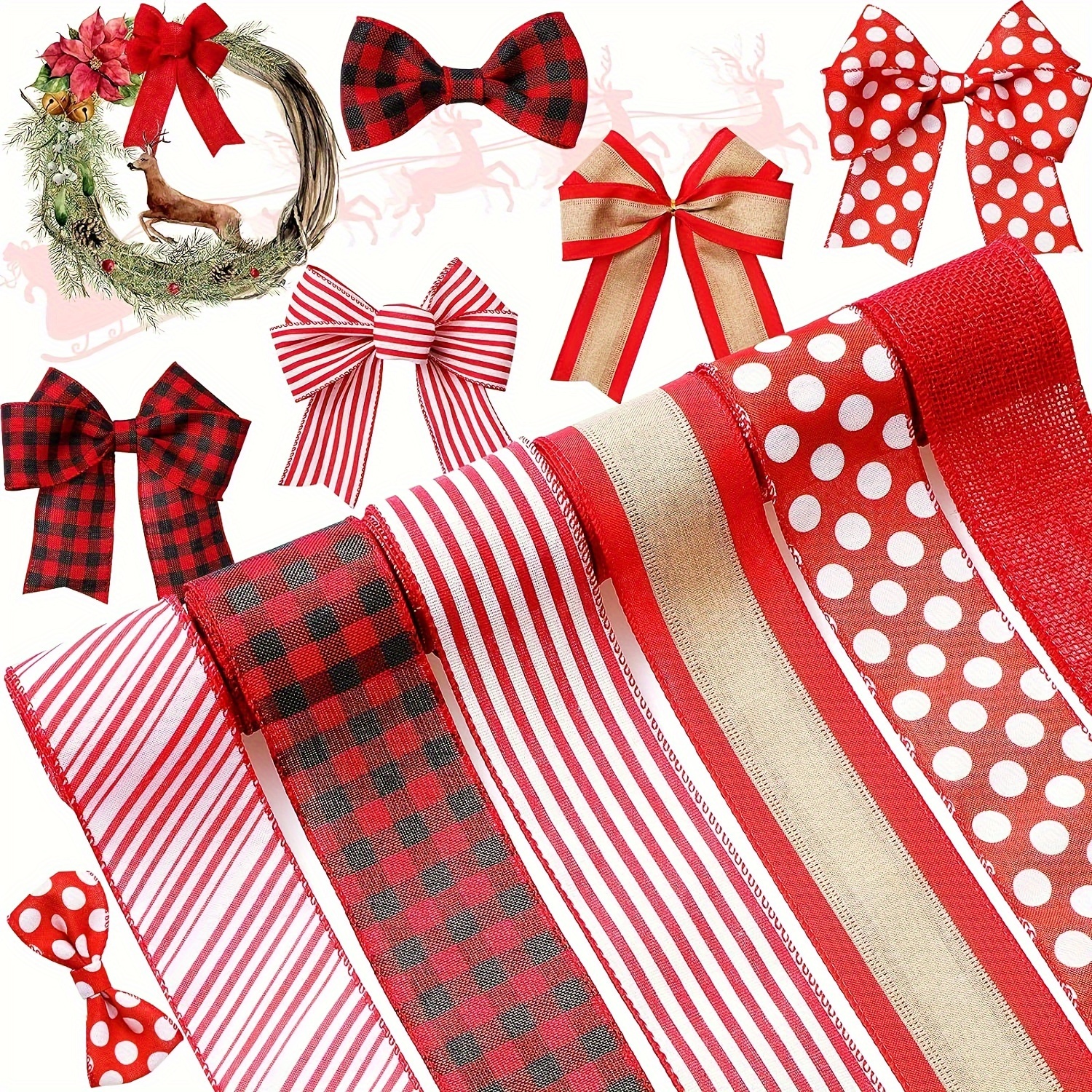 Green Red Christmas Ribbon Tie With Christmas Tree Reindeer - Temu
