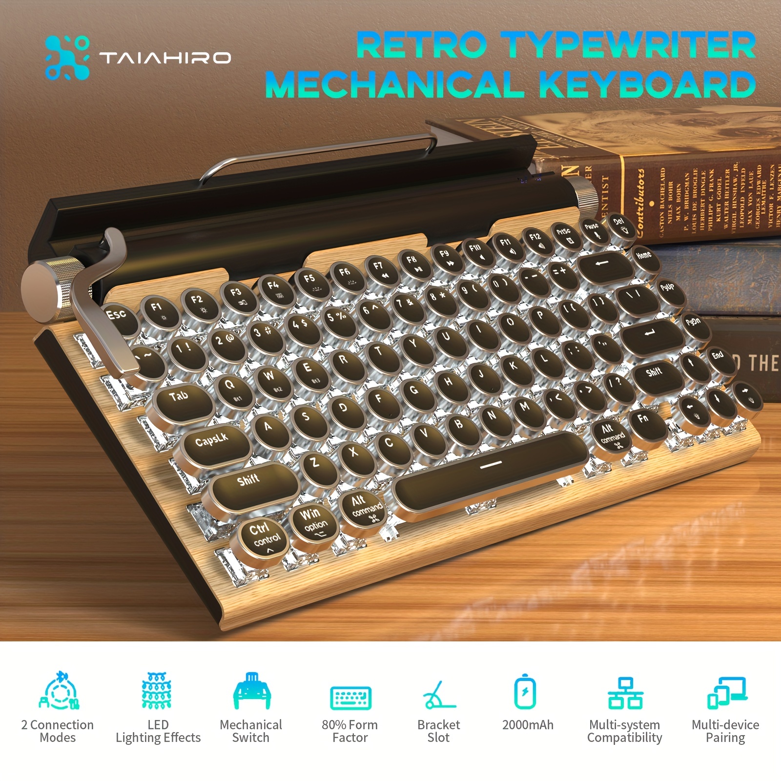 Teclado retro de la máquina de escribir, retroiluminación LED / blanco  Bluetooth 5.0 Teclado retro Bluetooth, recargable 83 teclas de teclado  mecánico