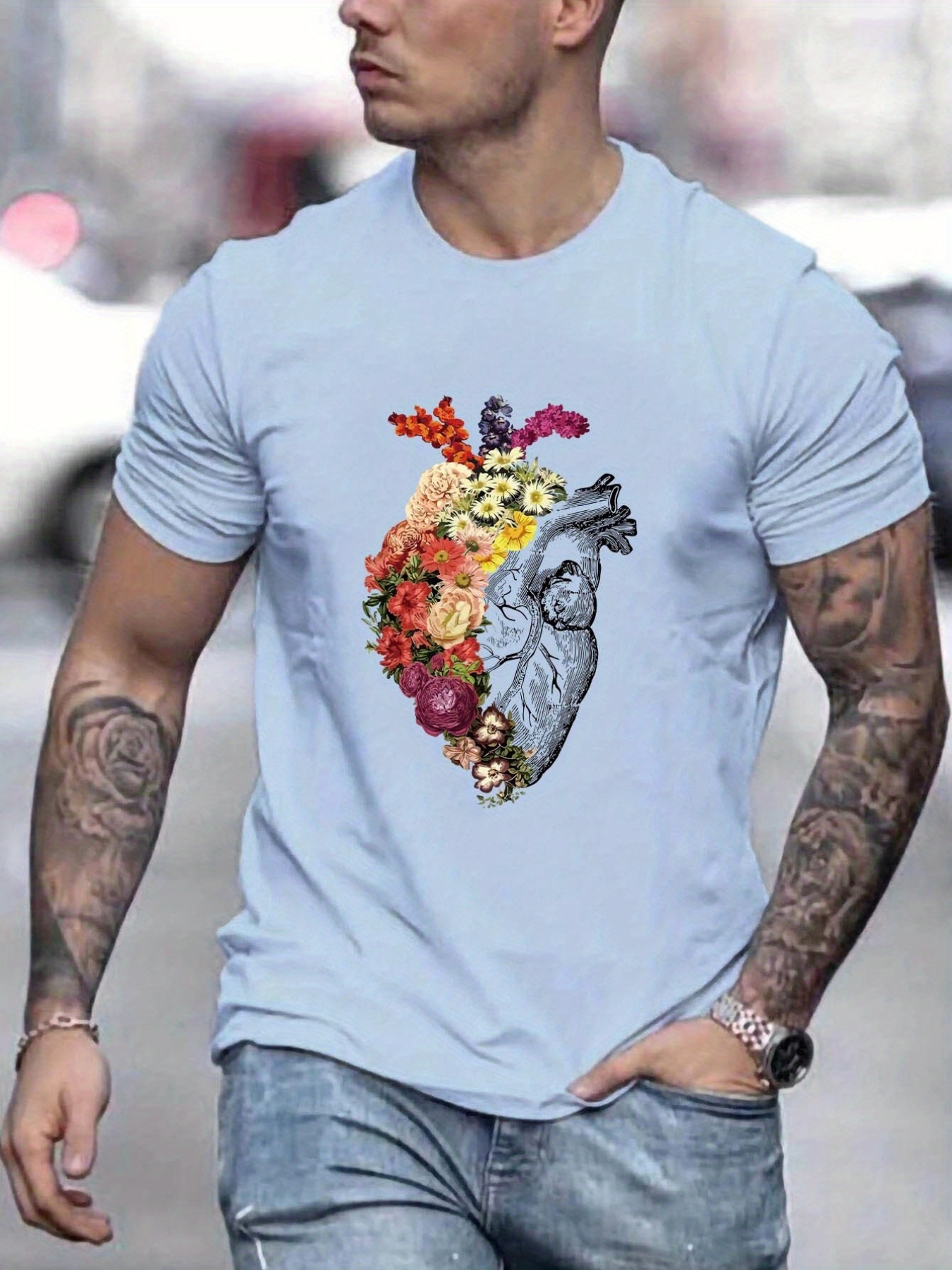 Heart & Floral Pattern T-shirt, Men's Casual Slightly Stretch