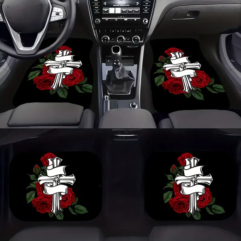 2 Stück/4 Stück Kreuz Stilvolle Rote Rose Bedruckte Auto-Fußmatten,  Universelles Komplettes Set Autoteppiche, Auto-Innenzubehör