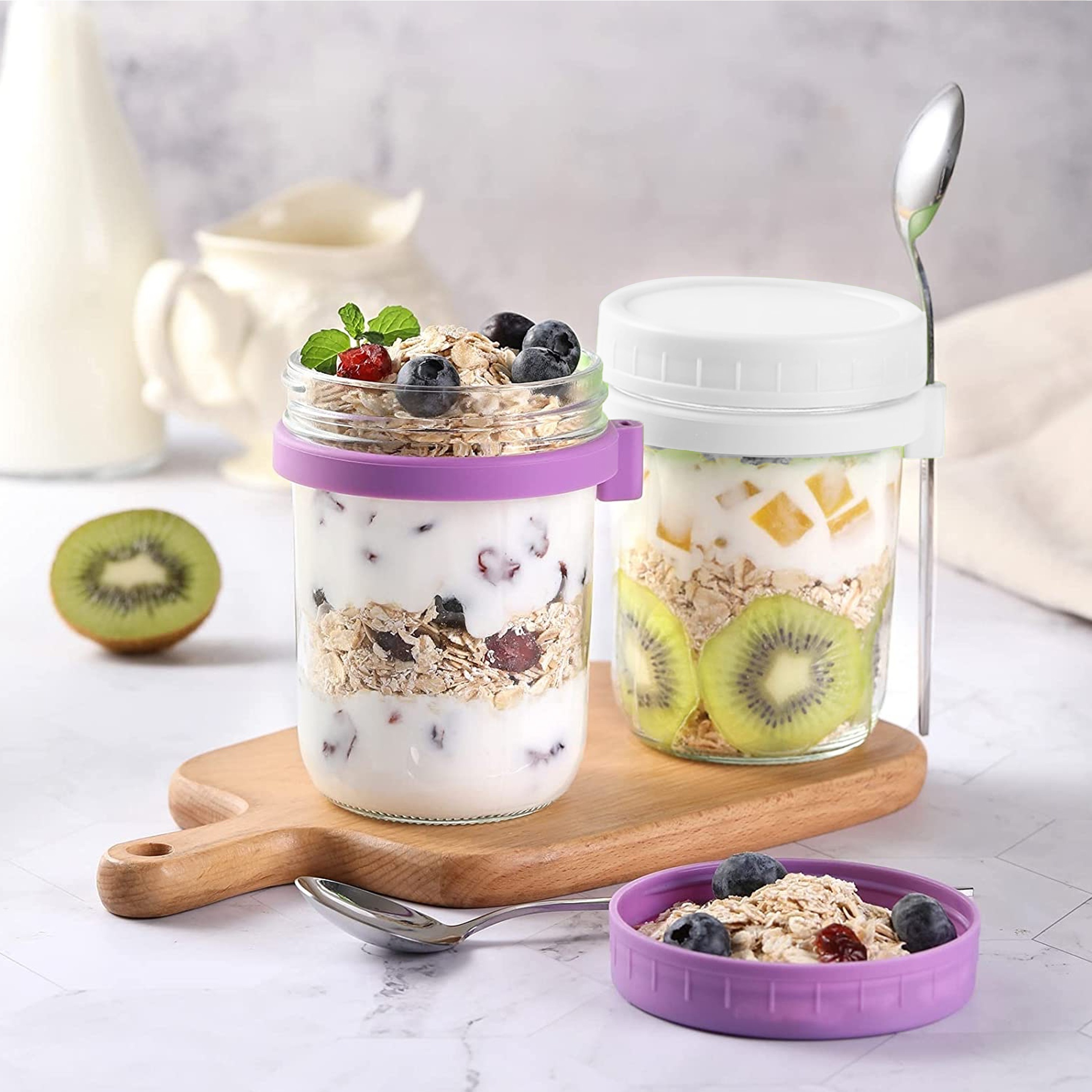 2Pcs Overnight Oats Container with Lid and Stainless Steel Spoon