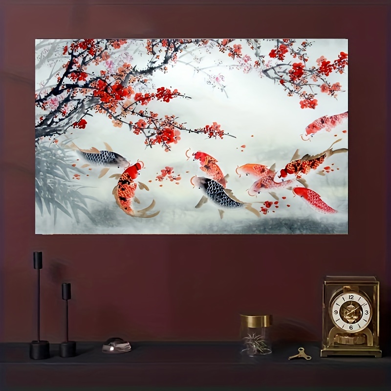 Koi Fish Painting 9 Koi Feng Shui Wall Art Gray Red Fish Green Lotus Leaf  Framed Wall Art Acrylic Painting on Canvas Large Oil Painting 