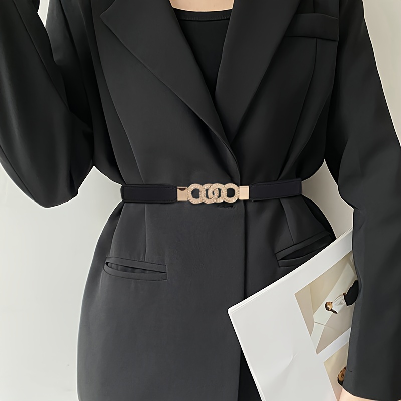 

Stylish Metal Ring Buckle Belt Black Elegant Elastic Waistband Classic Dress Coat Girdle For Women Daily Uses