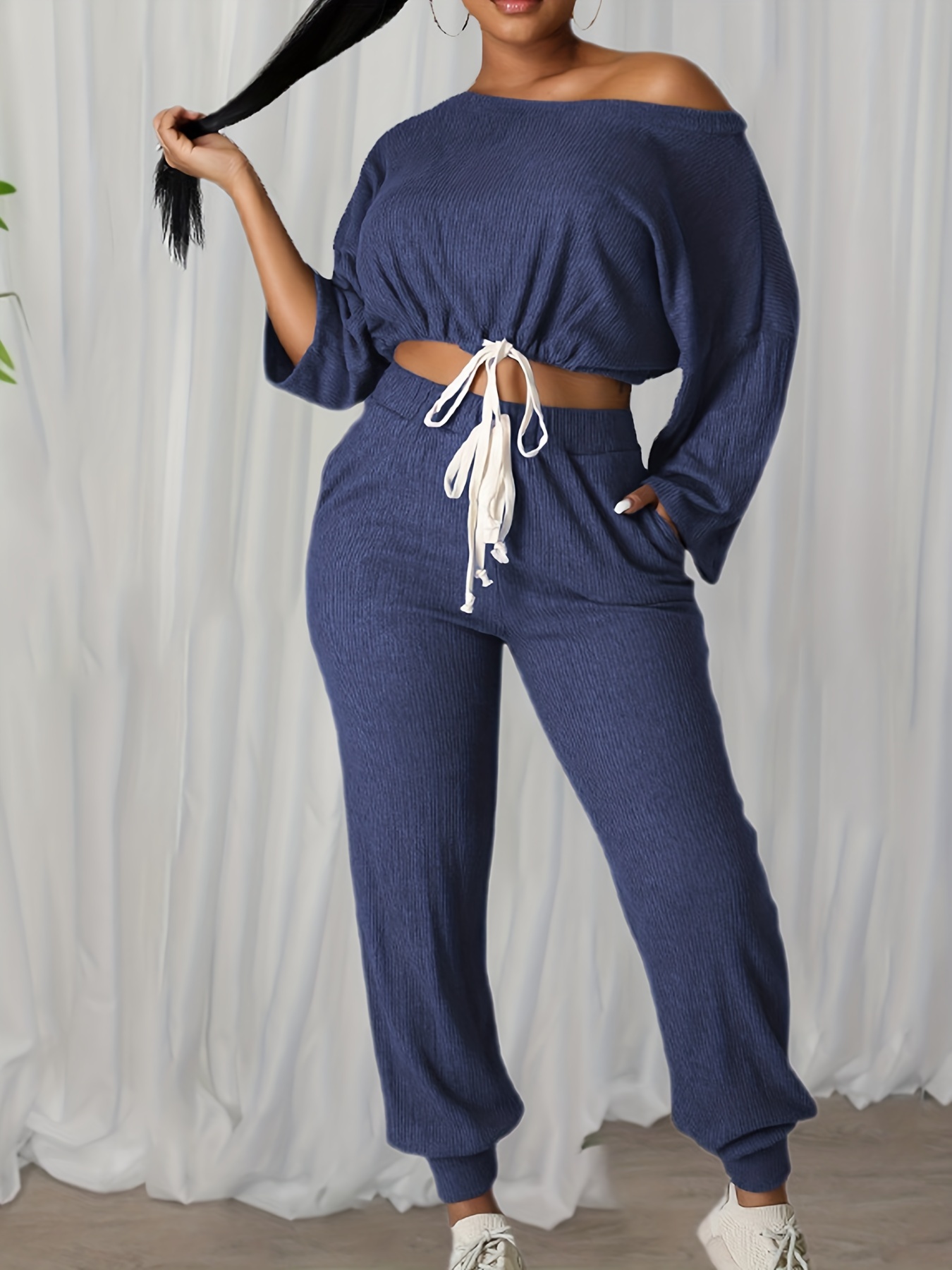 Plus Size Casual Outfits Two Piece Set, Women's Plus Solid Ribbed Long  Sleeve One Shoulder Drawstring Crop Top & Tapered Leg Pants Outfits 2 Piece  Set