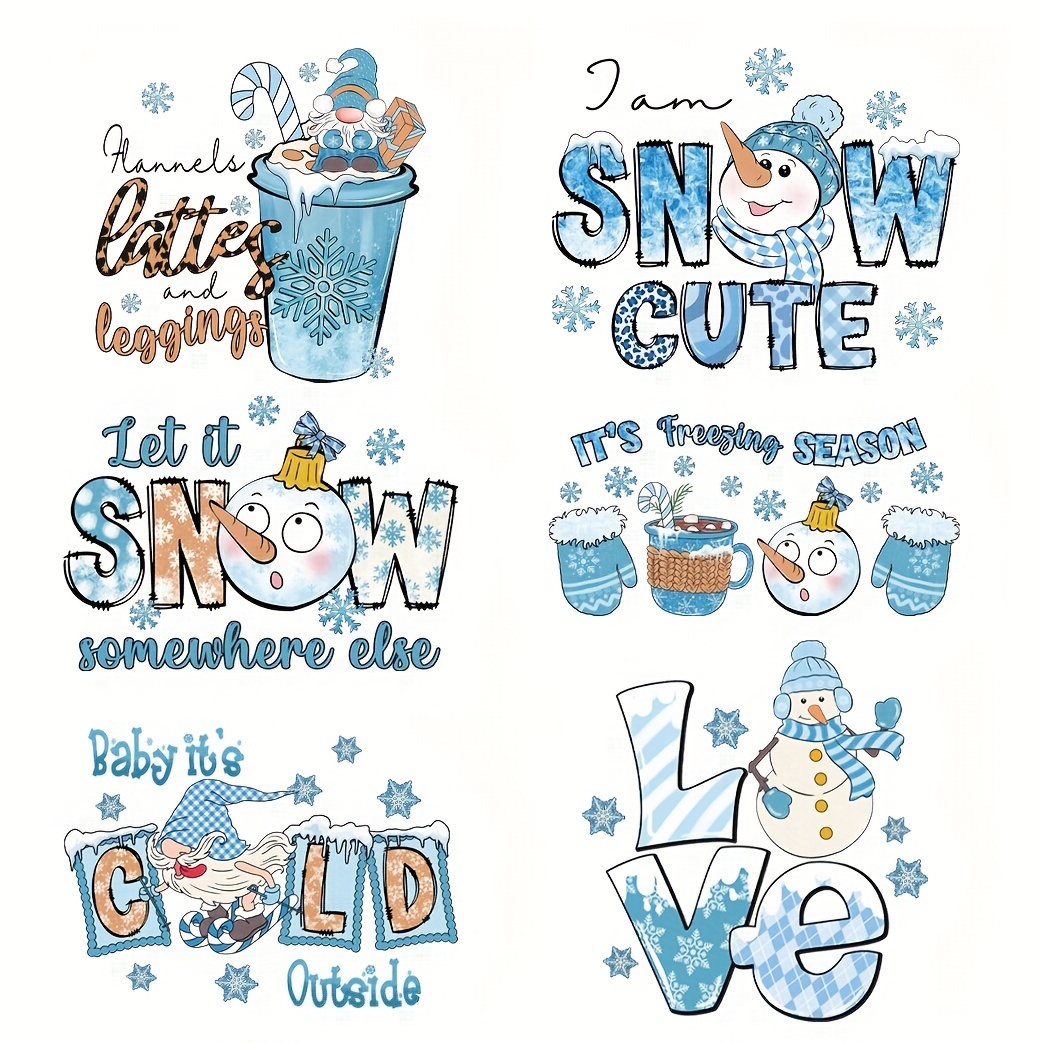 6pcs Big Size Hello Winter Iron-on Heat Transfer Stickers For DIY Clothing,  T-Shirts, Masks, Jeans, Backpacks Snow Designs For Party Accessories Chris