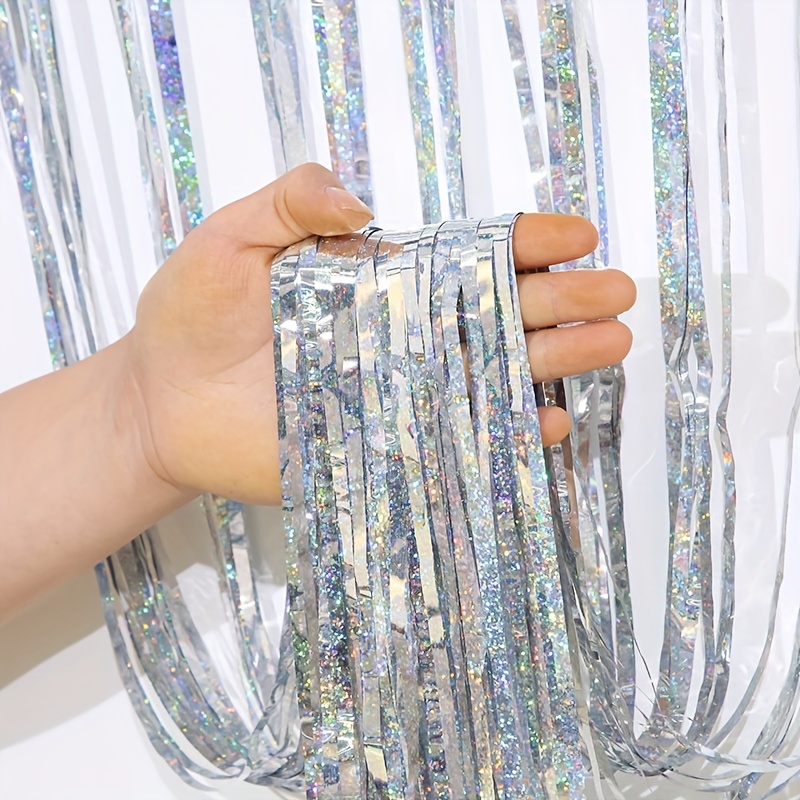 Large 12-ft Foil Fringe Wall Backdrop Silver Streamers Holiday Event Party  Decor