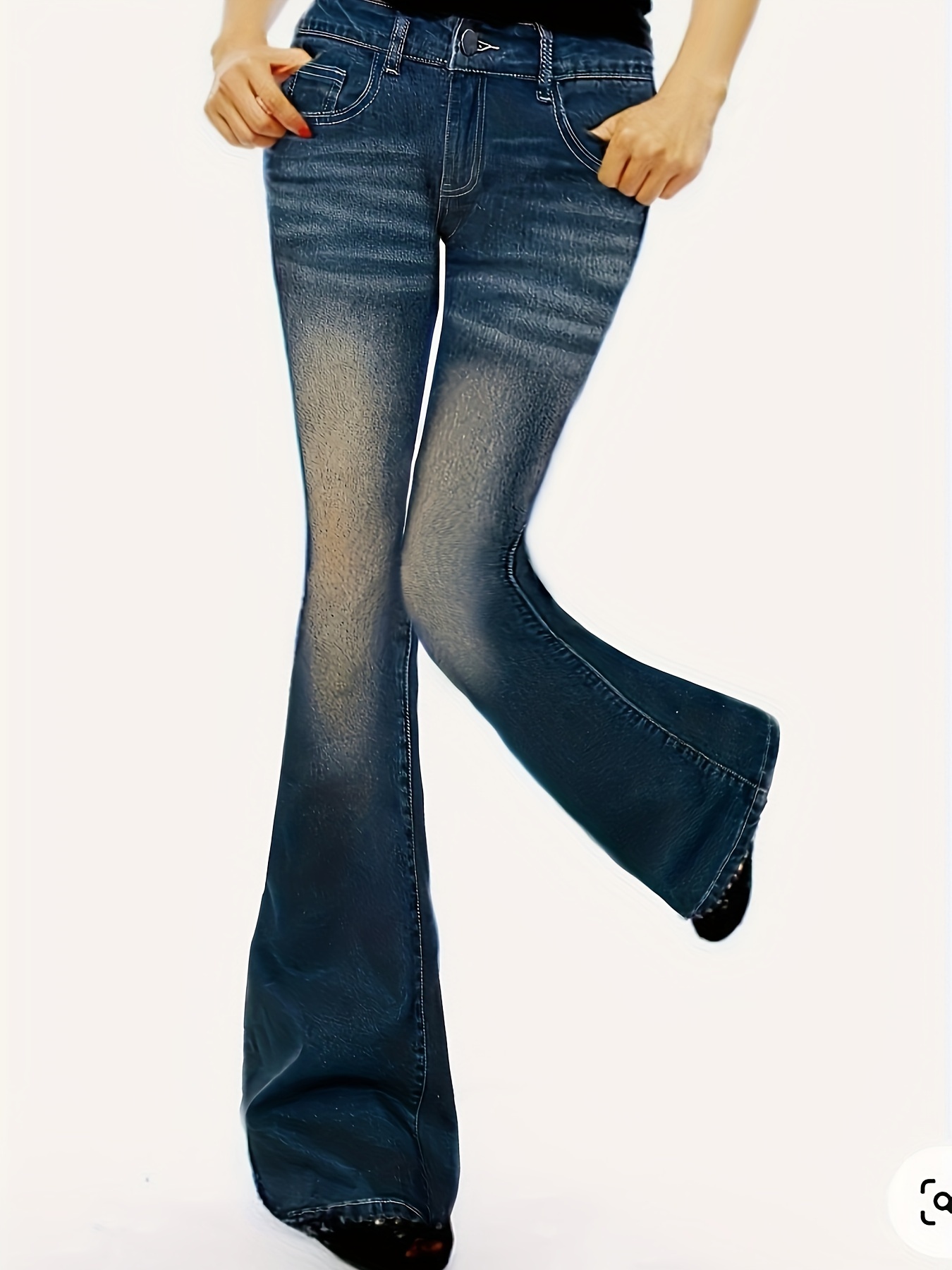 Navy Blue Fashion Bell Bottom Jeans High Stretch Slim Fit - Temu Canada